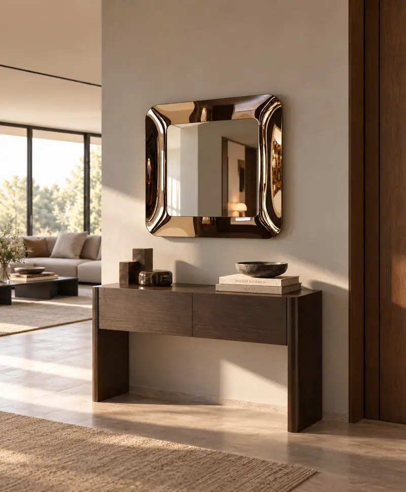 Jackie – Specchio quadrato in vetro curvato, Bronzo, ambientato