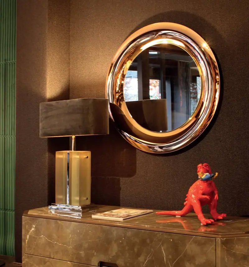 Kind of Blue – Coloured round curved-glass mirror, Shining copper, interior