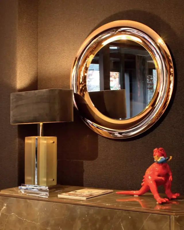Kind of Blue – Coloured round curved-glass mirror, Shining copper, interior