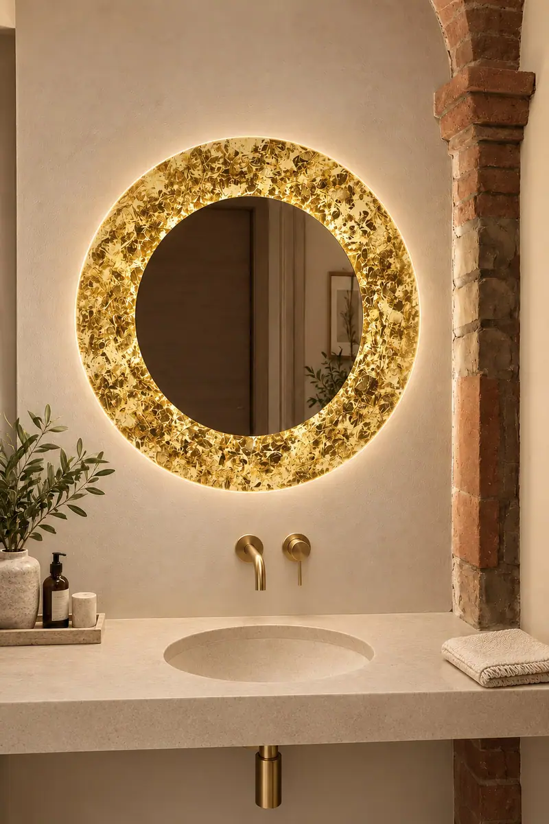 Luna – Specchio rotondo in foglia oro con LED, Foglia oro su bianco, ambientato