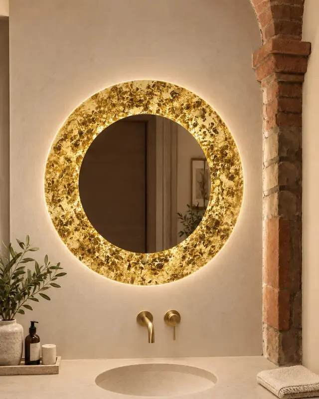 Luna – Round gold-leaf mirror with LED, Gold leaf on white, interior