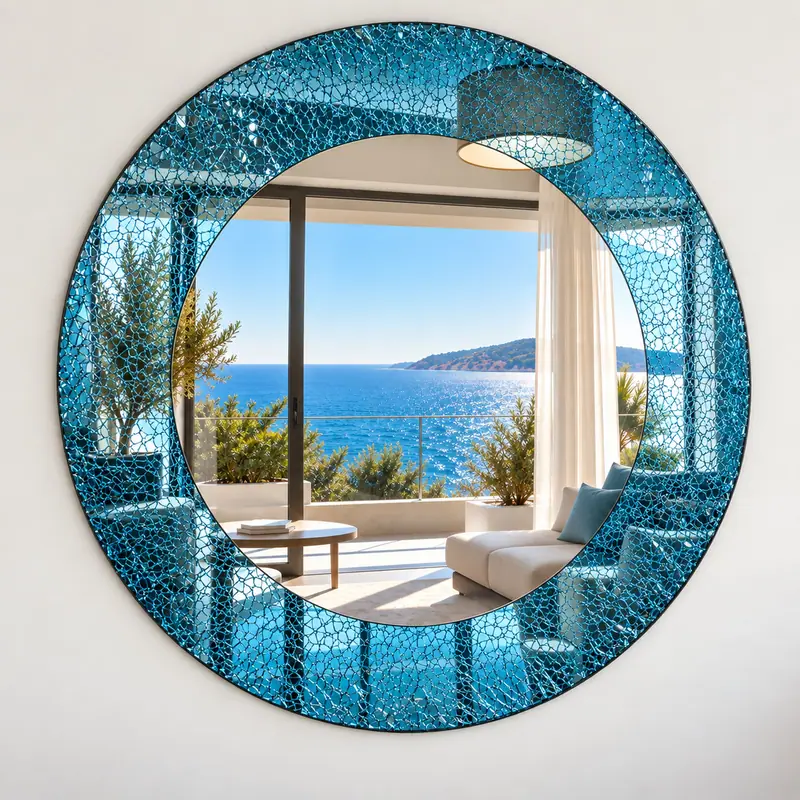 Marina – Specchio rotondo blu con LED, Blu, ambientato