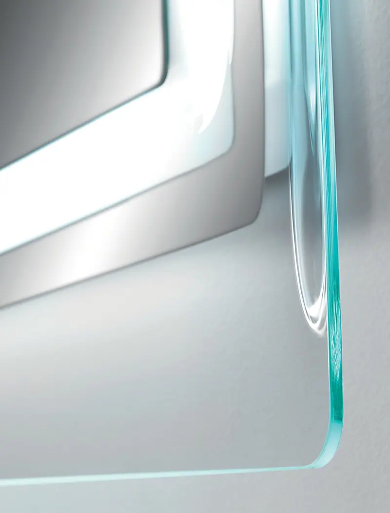 Nettuno – Specchio LED con cornice in vetro trasparente, Cornice trasparente, dettaglio