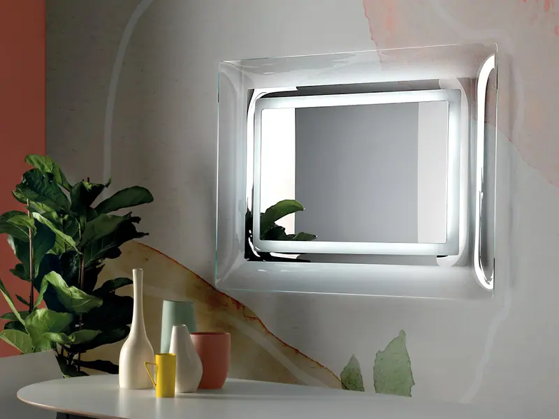 Nettuno – Specchio LED con cornice in vetro trasparente, Cornice trasparente, ambientato
