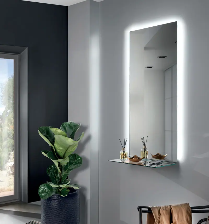 Skema – Single-sheet mirror with shelf and LED, Silver, interior
